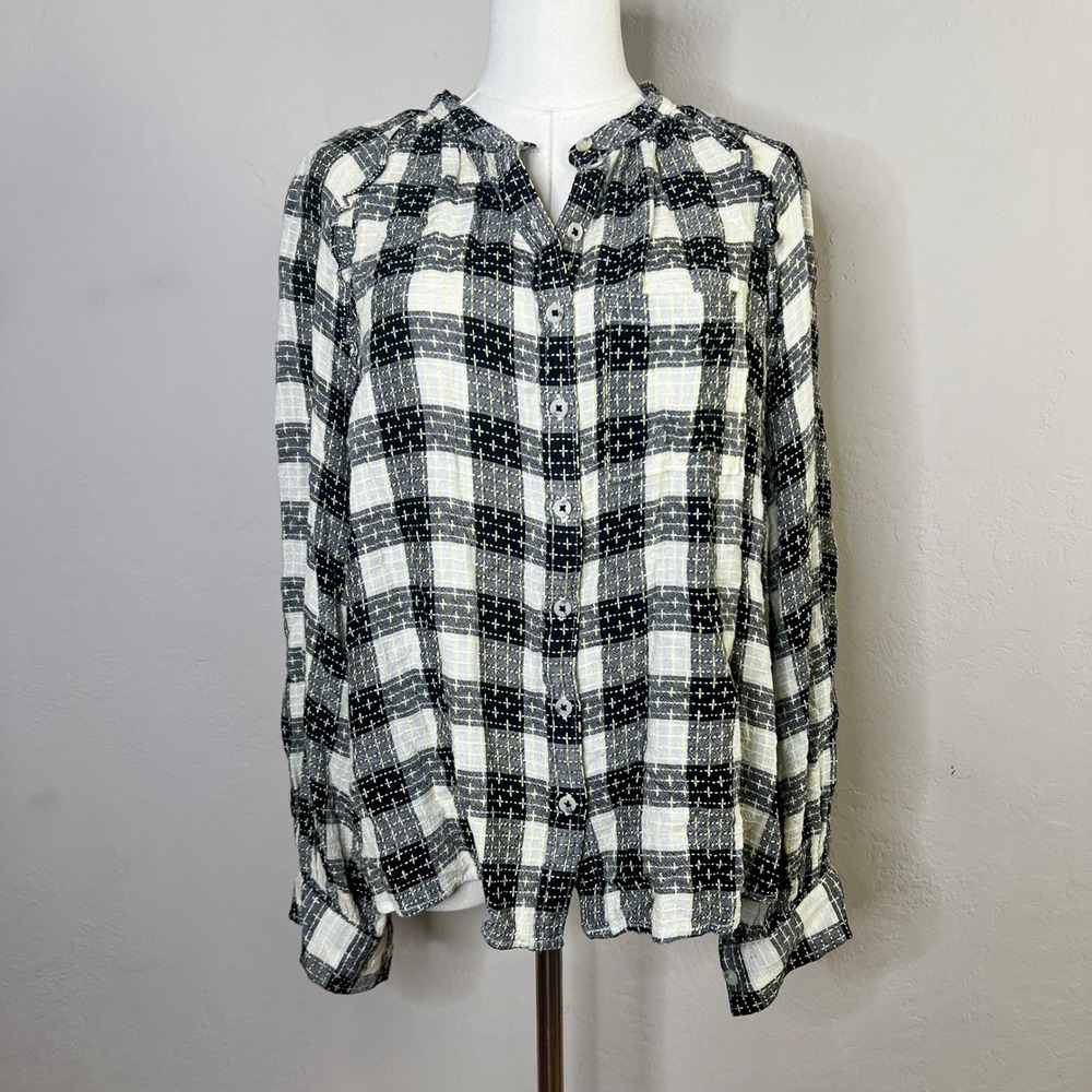 Pilcro Anthropologie Button Down Shirt Plaid 1X Black White Yellow Textured LS